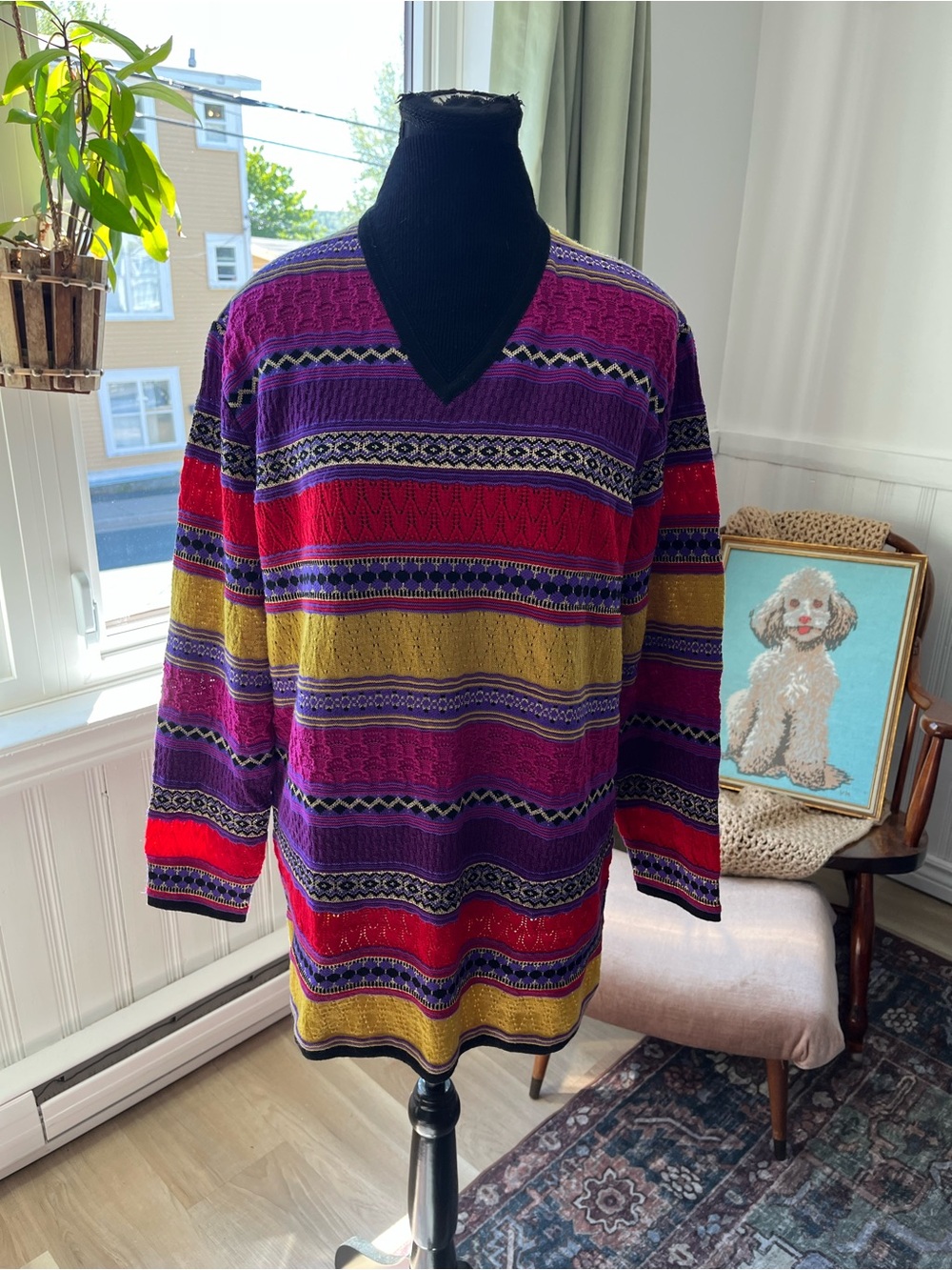 Women’s Vintage Vibrant Striped V-Neck Sweater Coogie Style Size L